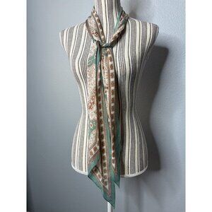 Cacharel Silk Scarf Bronze Green Small NO STAINS 100% Silk 69"x10" 70s Vibes